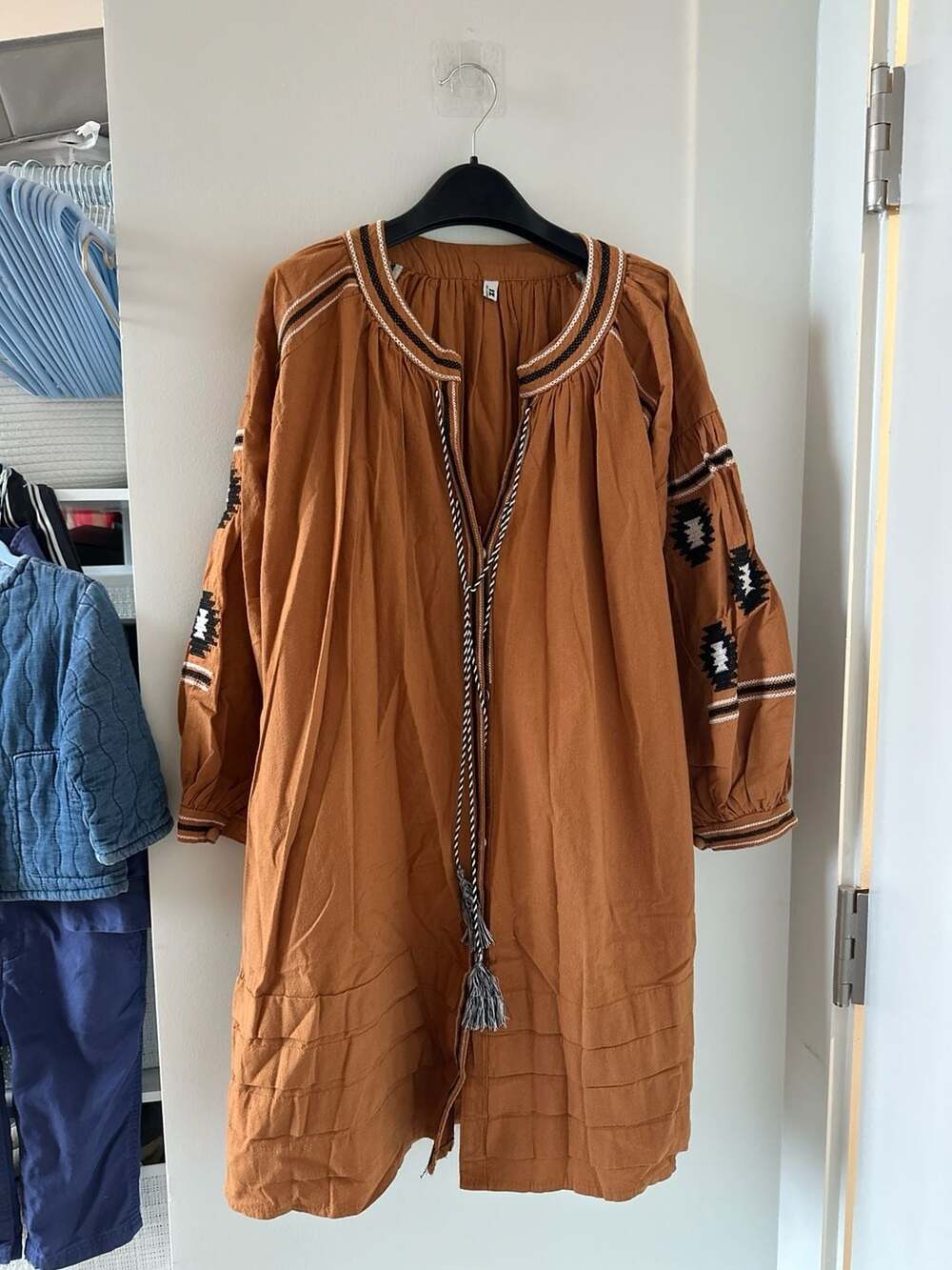 Velzera Bohemian Aztec Embroidered Tassel Tunic Dress in Terracotta